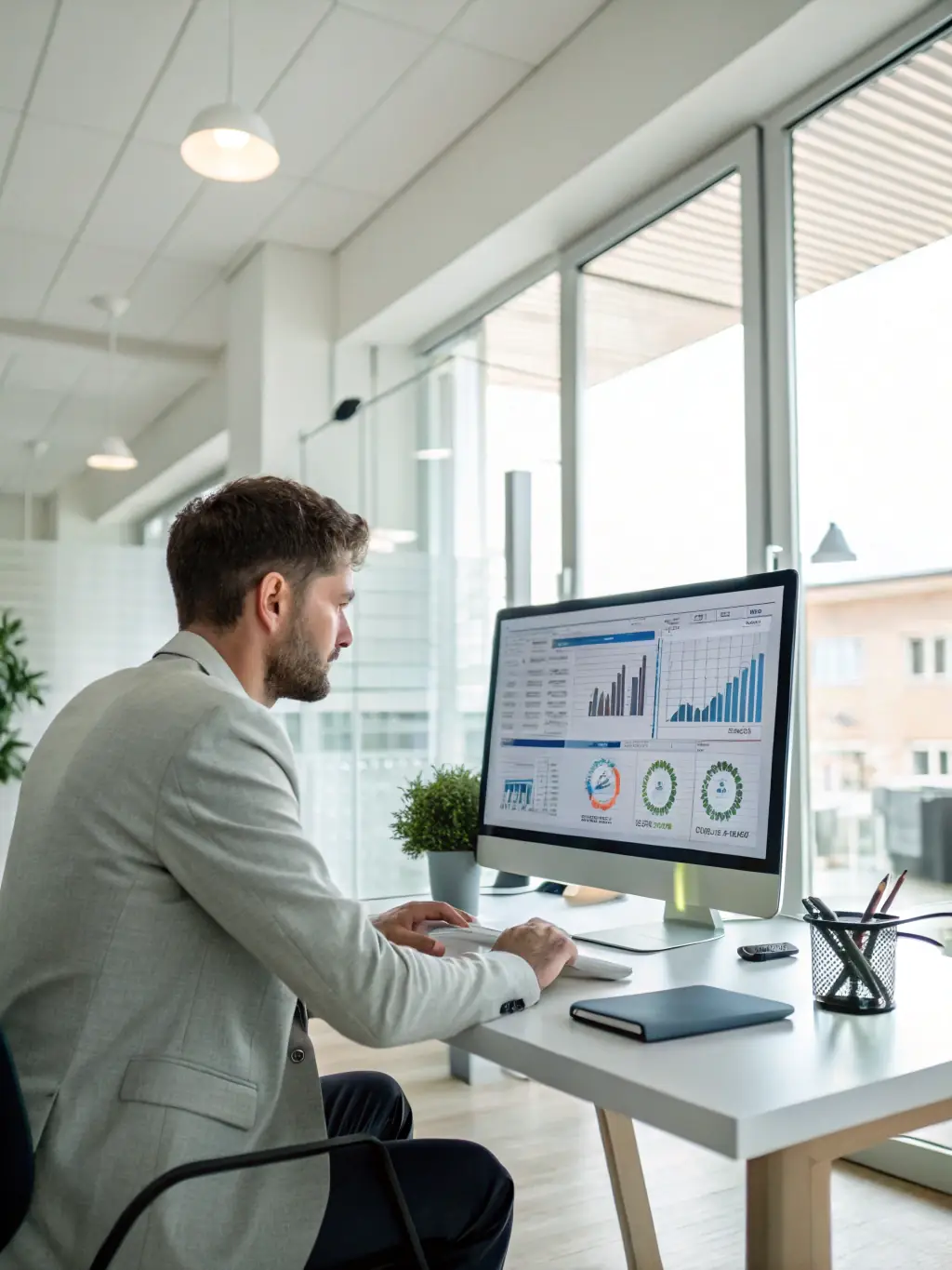 An image of a data analyst working on a dashboard with charts and graphs displayed on a computer screen, representing data analysis and reporting services.
