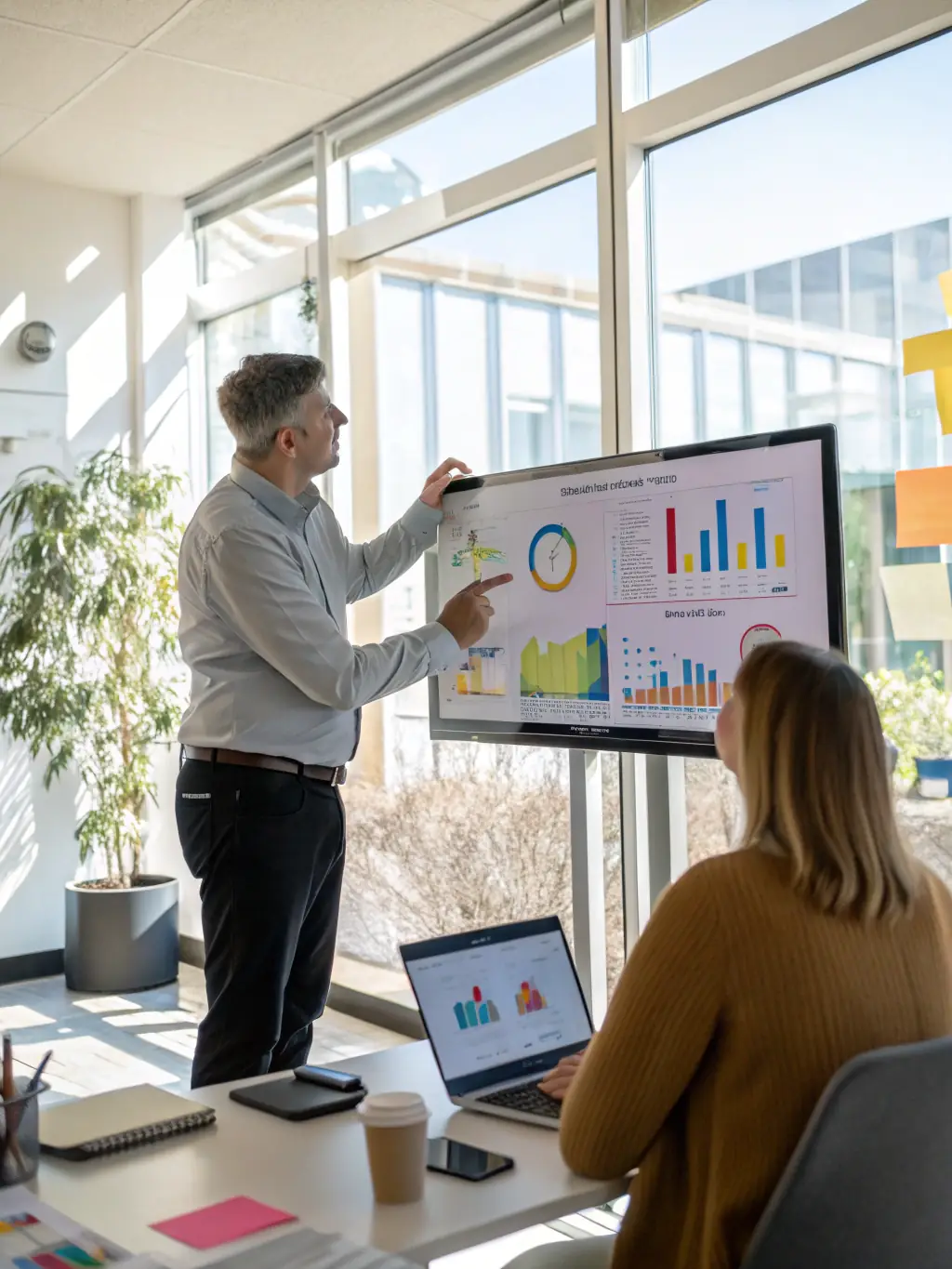 A consultant discussing data strategies with a client using a tablet and visual charts, illustrating strategic data consulting.