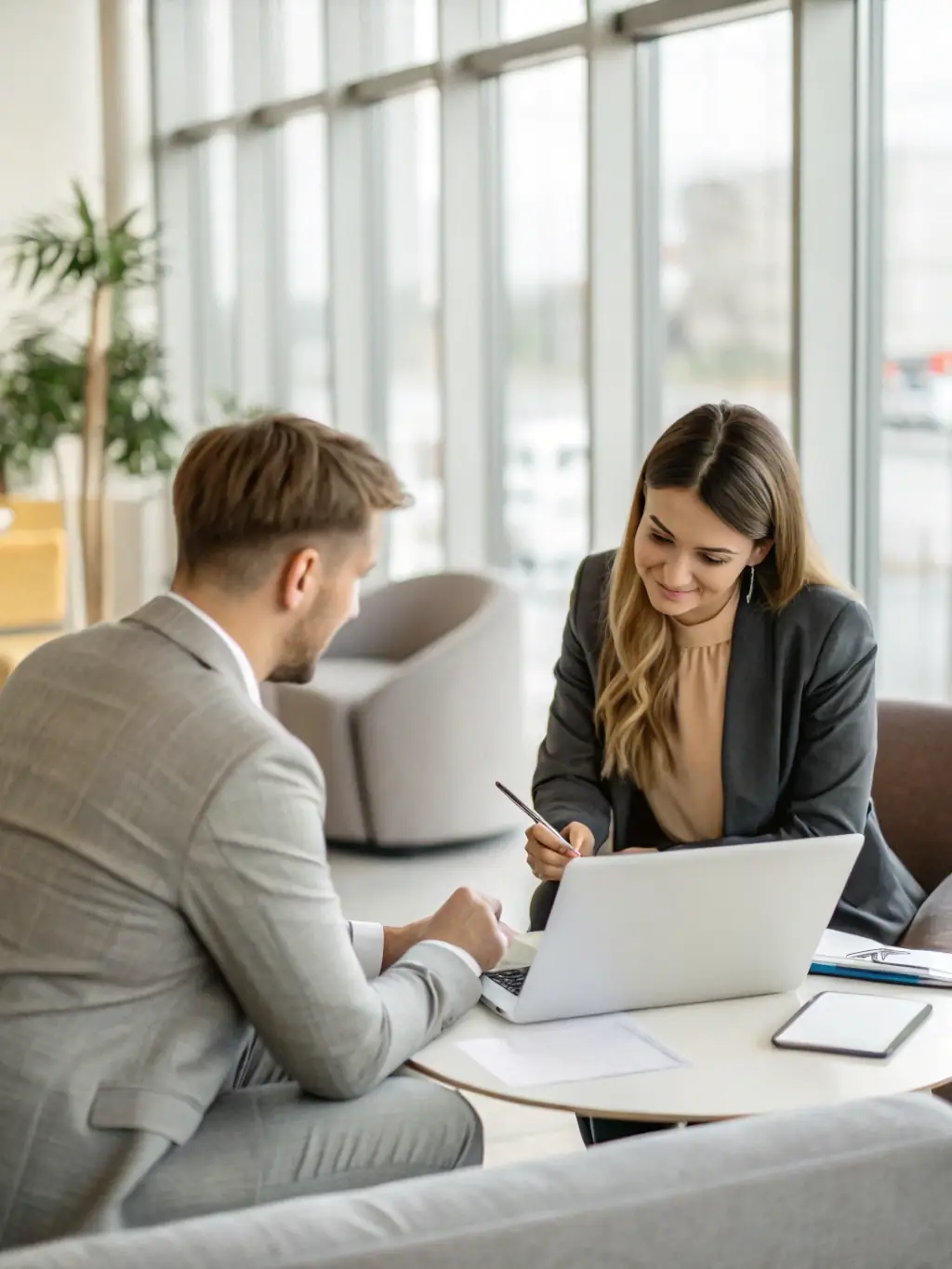 A consultant presenting a report to a small business owner, showcasing key insights and recommendations for optimizing business performance.