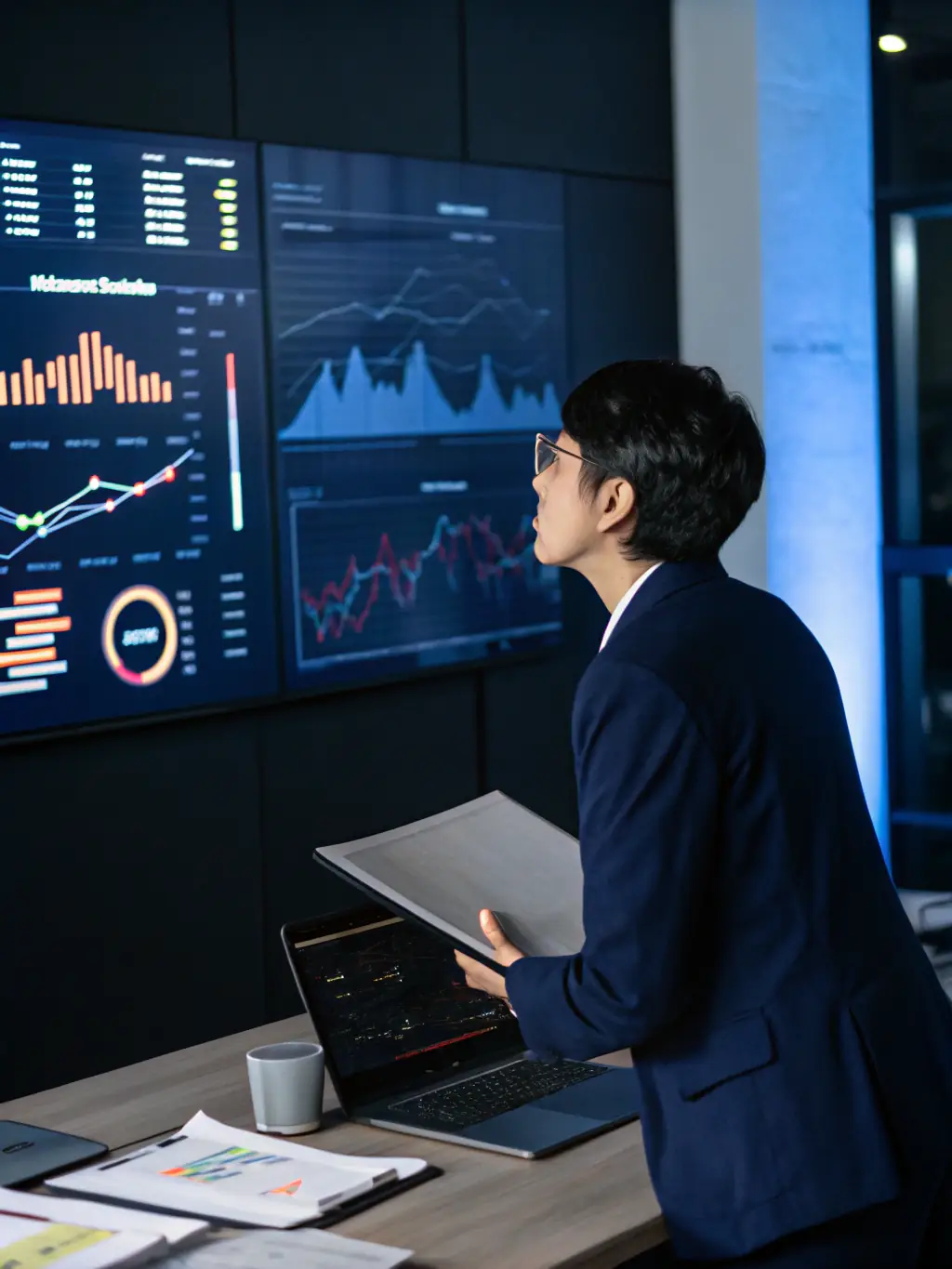 A consultant reviewing a dashboard displaying key performance indicators for a small business, emphasizing data-driven decision-making.